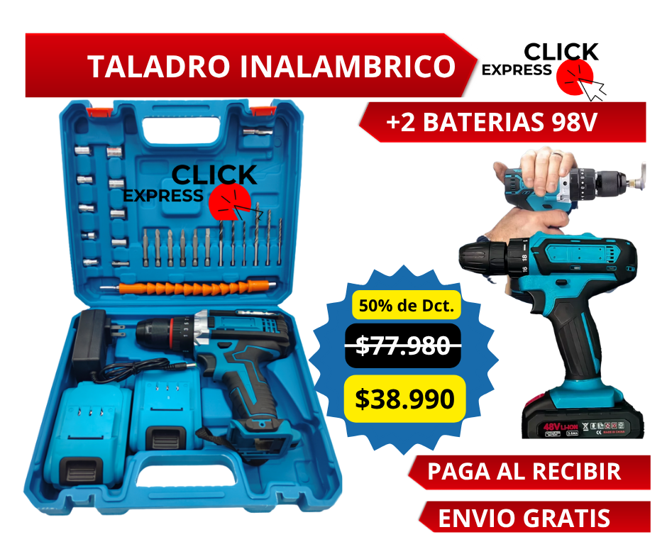 Taladro Destornillador Inalámbrico +2 Baterías 98V